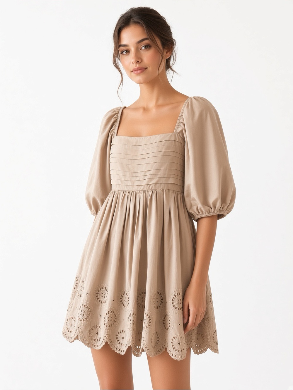 Abercrombie Large Taupe Puff Sleeve Eyelet Mini Dress NWOT